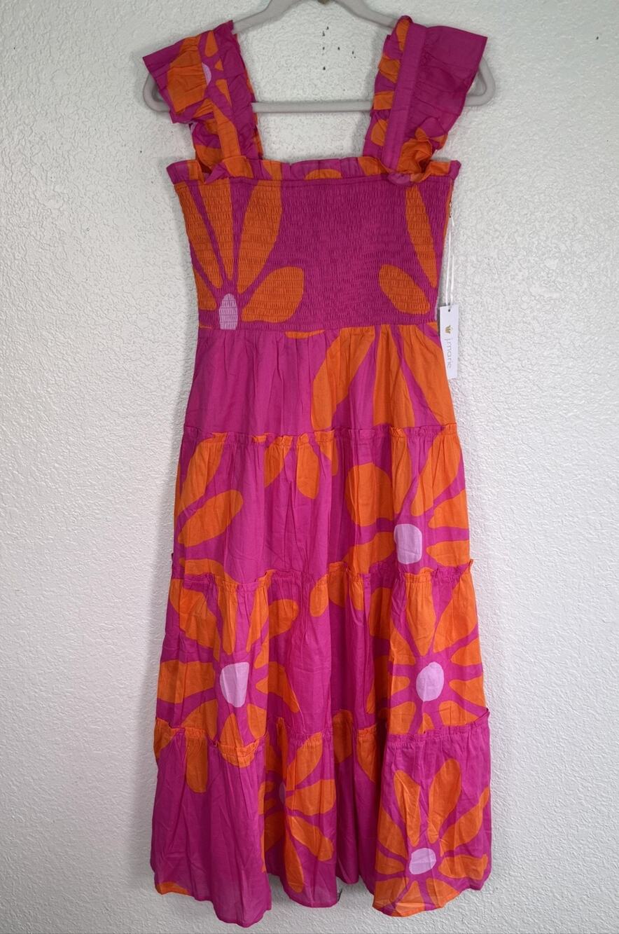 J Marie Dress Women Small Maxi Pink Floral Smocked Ruffle Strap Sundress NEW